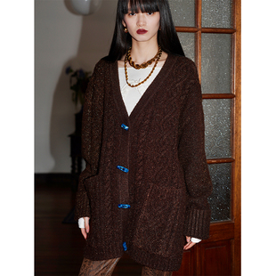 坏品味西部 厚实特殊纱线细闪纯色针织毛衣外套冬