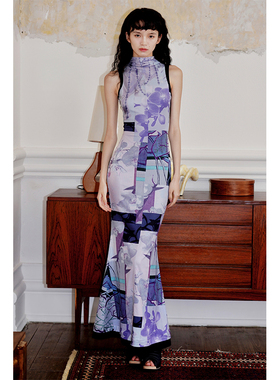 坏品味西部 新中式印花修身立领无袖镂空裙连衣裙夏