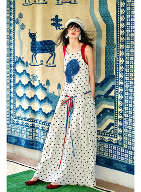 坏品味西部 复古度假波点亚麻立体盘花长款连衣裙夏