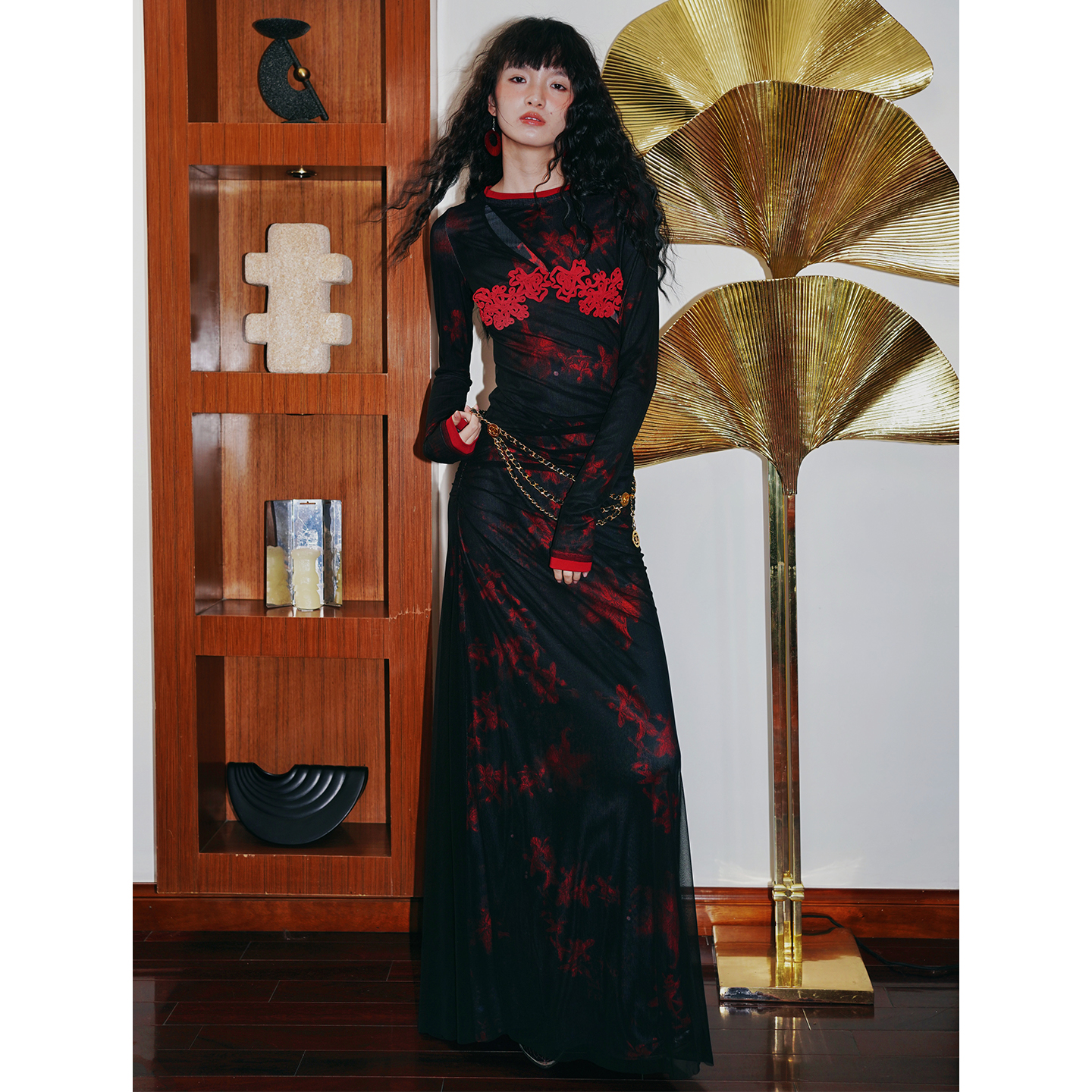 坏品味西部 双层设计印花盘绣印花修身长款连衣裙秋冬