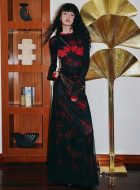 坏品味西部 双层设计印花盘绣印花修身长款连衣裙秋冬