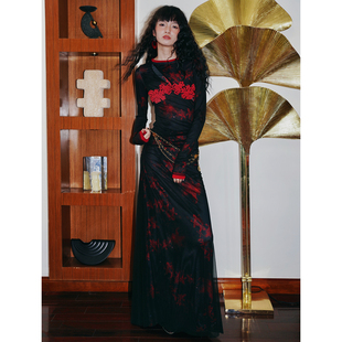 坏品味西部 双层设计印花盘绣印花修身长款连衣裙秋冬