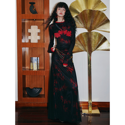 坏品味西部 双层设计印花盘绣印花修身长款连衣裙秋冬