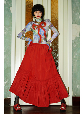 坏品味西部 蝴蝶结印花撞色拼接假两件设计春季长款连衣裙