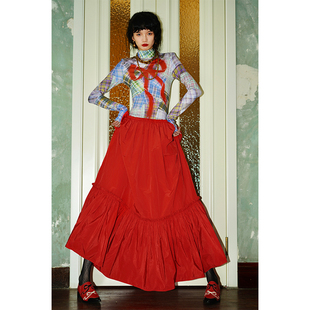 连衣裙 长款 坏品味西部 蝴蝶结印花撞色拼接假两件设计春季