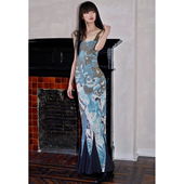 坏品味西部 印花拼接可调节吊带鱼尾连衣裙现货 新中式