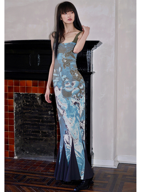坏品味西部 新中式印花拼接可调节吊带鱼尾连衣裙现货