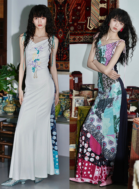 坏品味西部 新中式印花两面穿设计长款修身连衣裙夏