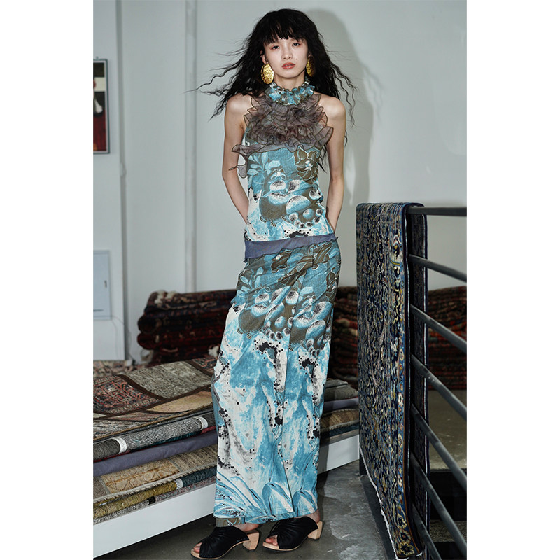 坏品味西部 夏季新中式印花长款褶皱一片式半身裙