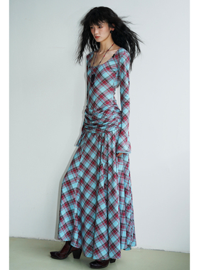 坏品味西部 复古莱赛尔天丝格纹不规则修身长款连衣裙秋冬