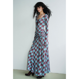 坏品味西部 复古莱赛尔天丝格纹不规则修身长款连衣裙秋冬