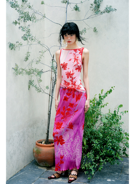 坏品味西部 新中式复古印花压褶露背设计长款连衣裙