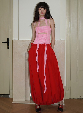 坏品味西部 小众设计假两件撞色镂空吊带灯笼连衣裙