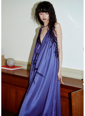 坏品味西部 新中式竹叶印花宽松缎面夏季长款连衣裙现货