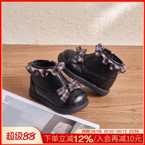 麦布熊女童皮鞋秋季新款女宝宝短靴蝴蝶结格纹花边公主风小童靴子