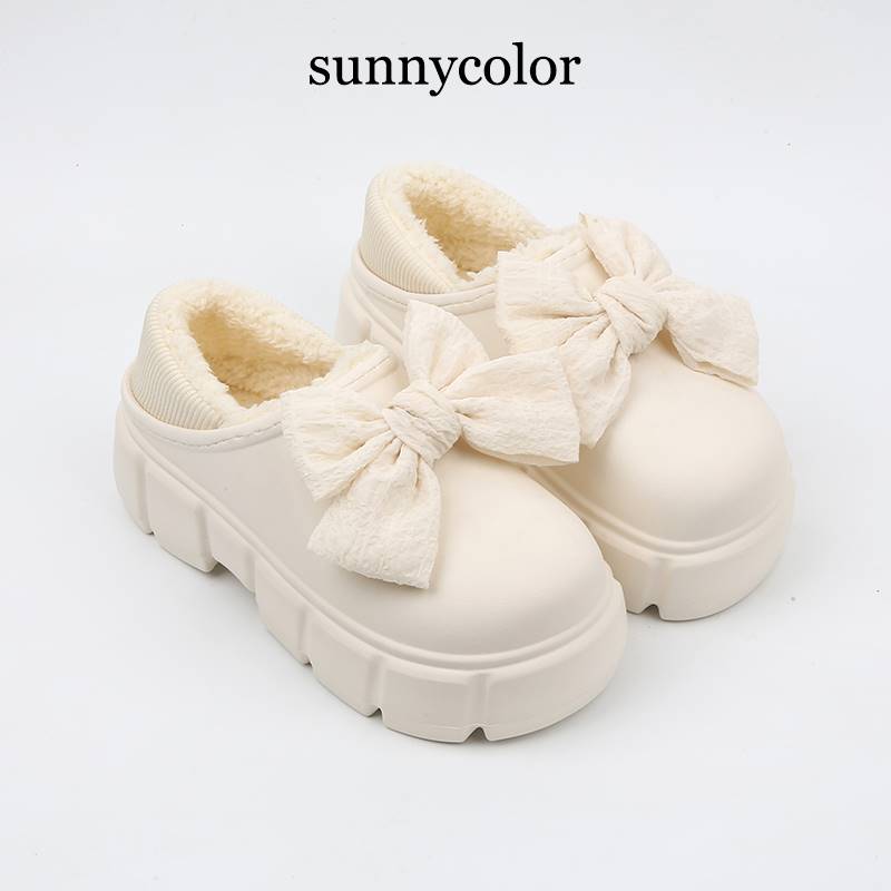 SUNNYCOLOR松糕厚底棉鞋女冬季防水外穿可爱蝴蝶结包跟加绒棉拖鞋