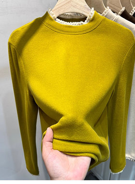 软糯德绒蕾丝拼接假两件打底上衣女秋冬韩版百搭修身通勤长袖T恤