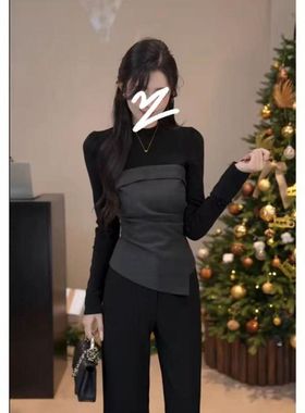 高级感撞色漂亮设计修身拼接长袖打底衫T恤女春秋季新款显瘦上衣