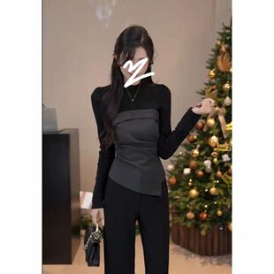 T恤女春秋季 高级感撞色漂亮设计修身 拼接长袖 打底衫 显瘦上衣 新款