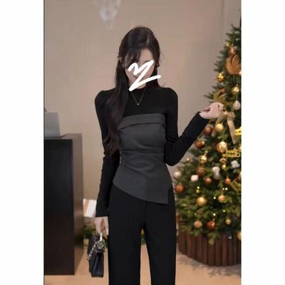 高级感撞色漂亮设计修身拼接长袖打底衫T恤女春秋季新款显瘦上衣