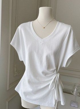 韩系高级感绑腰收腰V领短袖T恤女夏季小众设计感减龄蝙蝠袖上衣服