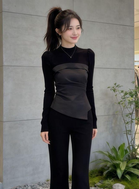 韩版不规则拼接长袖t恤女春秋新款修身显瘦收腰漂亮ins打底衫上衣
