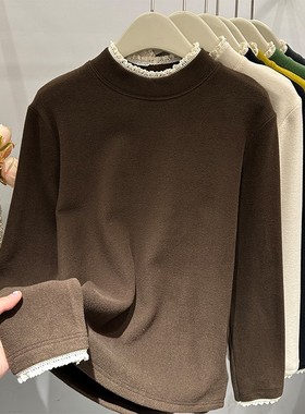 小立领T恤蕾丝半高领套头洋气打底衫女长袖拼接保暖秋冬女士内搭