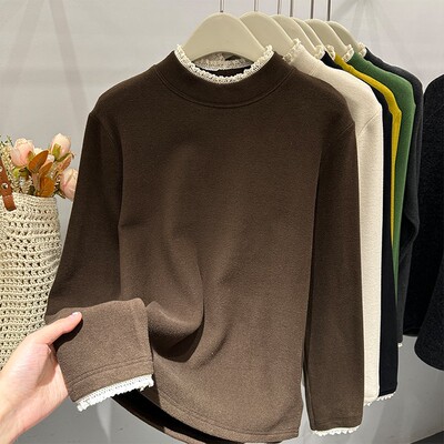 小立领T恤蕾丝半高领套头洋气打底衫女长袖拼接保暖秋冬女士内搭