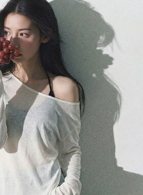 夏季显瘦个性百搭女露肩白色开叉不规则轻薄长袖t恤女微透感上衣