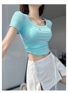多巴胺露脐健身小款正肩u领短袖t恤女夏新款紧身显瘦弹力小众上衣