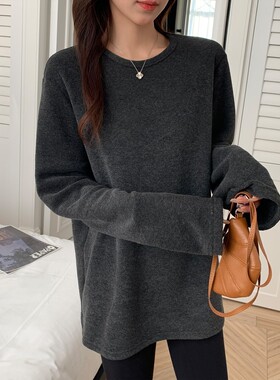 软糯磨毛简约纯白色毛绒打底衫女秋冬新款保暖加厚内搭长袖t恤女