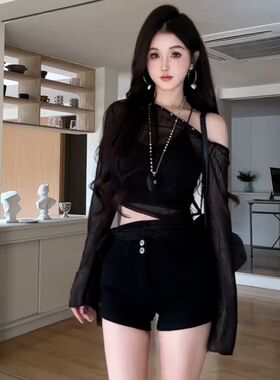 辣妹甜酷性感斜肩长袖T恤女夏季短款设计感防晒罩衫薄款洋气上衣