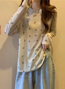韩版宽松蝴蝶结印花长袖T恤女春秋新款圆领时尚防晒罩衫个性上衣