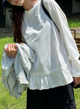 学院风白色长袖t恤女早秋春季花边下摆设计感打底衫休闲显瘦上衣