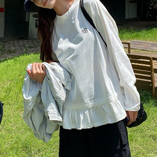 花边下摆设计感打底衫 休闲显瘦上衣 t恤女早秋春季 学院风白色长袖