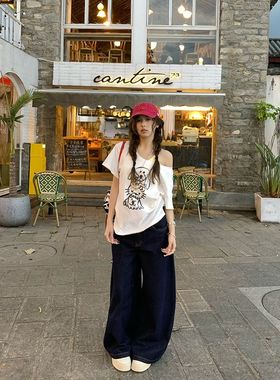 狗猫咪印花短袖夏季新款宽松休闲露肩减龄设计感个性显瘦T恤女ins