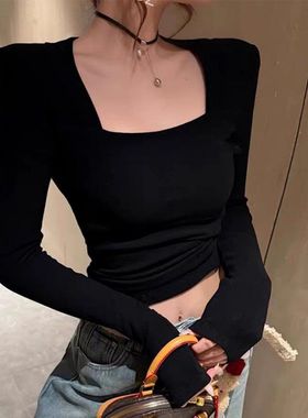 纯欲性感方领露锁骨修身磨毛打底衫长袖T恤女春秋内搭可外穿上衣