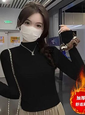 罗纹德绒小个子半高领加厚长袖打底衫女内搭秋冬显瘦保暖T恤上衣