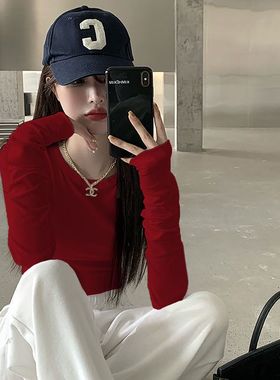 紧身长袖正肩t恤上衣女装春秋2025年新款薄款修身美式潮流打底衫