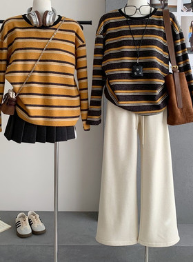 休闲感撞色绒感条纹外穿T恤秋冬加厚内搭打底衫T恤女针织衫慵懒