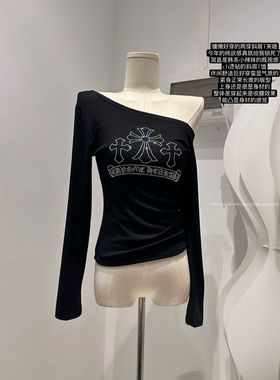 美式辣妹重工烫钻斜肩露肩长袖t恤春秋季修身短款气质打底衫上衣
