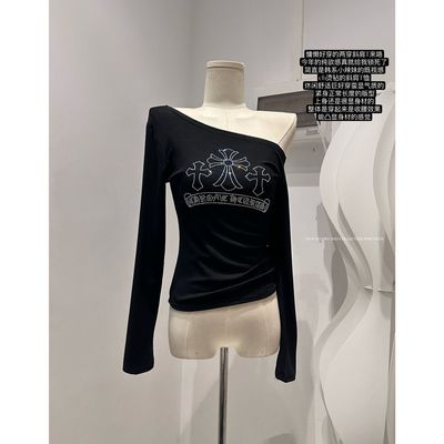 美式辣妹重工烫钻斜肩露肩长袖t恤春秋季修身短款气质打底衫上衣