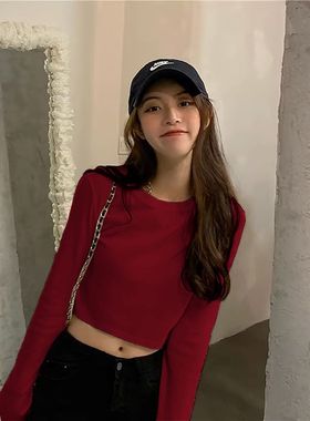辣妹高腰露肚脐长袖T恤女秋季修身显瘦打底纯欲短款气质内搭上衣