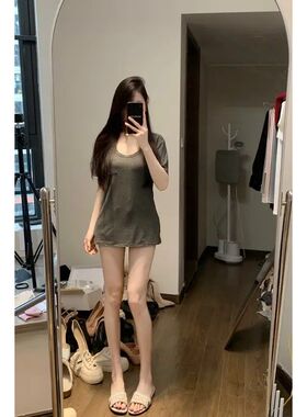 夏季新款u领甜辣妹百搭纯色基础短袖t恤女显瘦慵懒风宽松春季上衣