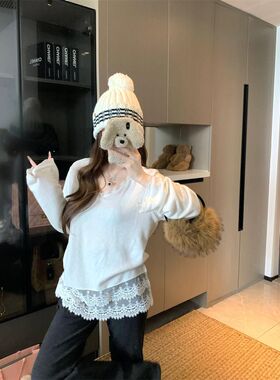 德绒蕾丝边拼接长袖V领打底衫女秋冬季内搭保暖宽松打底T恤上衣女