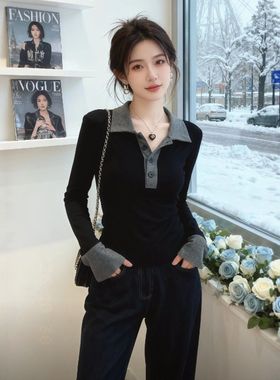 黑灰色polo领修身内搭长袖T恤女春秋季高级感撞色设计感气质上衣