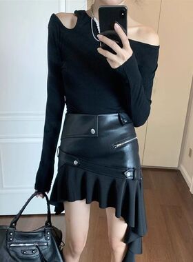 辣妹黑色斜肩打底衫女春性感露肩短款上衣时尚气质潮流街头长袖衫