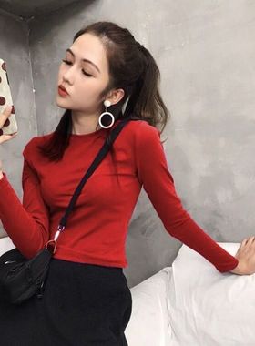 早秋女装长袖纯棉t恤个性短款圆领内搭紧身高腰露脐上衣服ins潮流