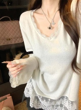 绝美蕾丝花边V领打底衫女秋冬季宽松设计感叠穿内搭t恤遮屁股上衣