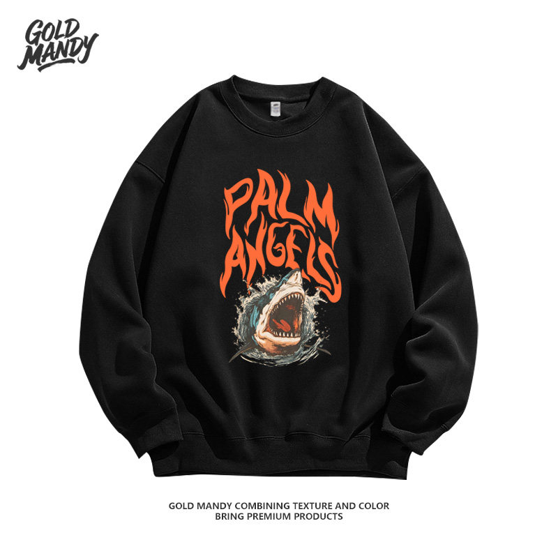 火焰英文字体鲨鱼潮牌设计印花高街个性潮流重磅纯棉卫衣男女同款